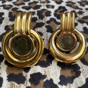 Ciner Vintage Yellow Gold Plated Coin Door Knocker Clip Earrings GUC SAKS!!